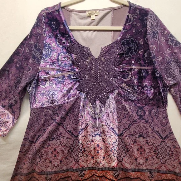 One World Violet Charming Art Purple Paisley Lace Embellished Tunic Top XL - Picture 8 of 15